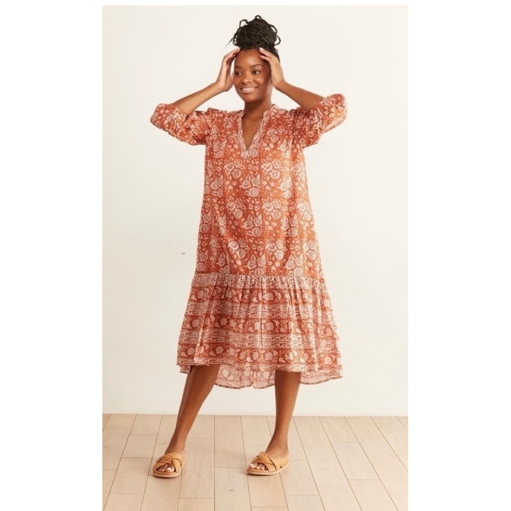 Cleobella Sara Boho Western Floral Midi Dress Terracotta Orange Cotton Small